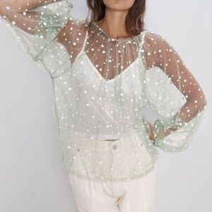 NWOT - Zara Semi Sheer Top Polka Dot Gold Metallic Green - M